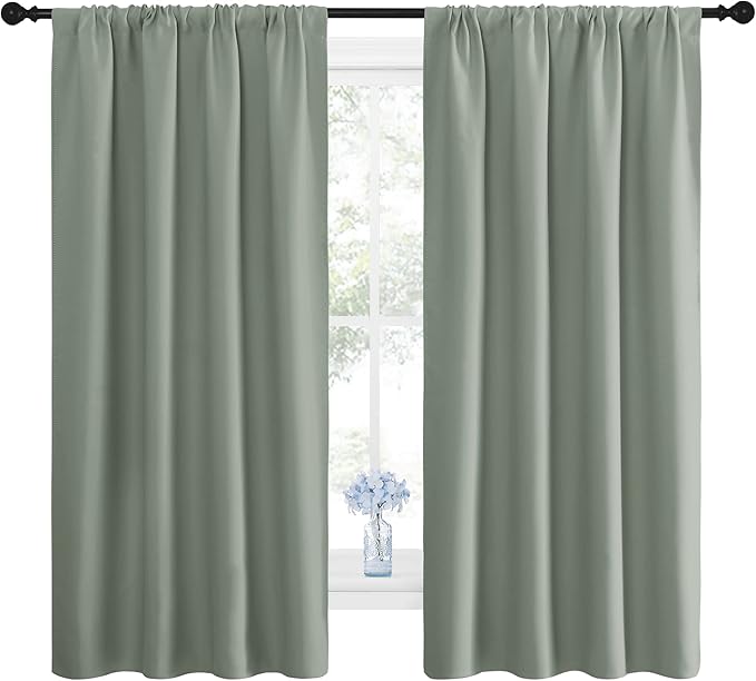 NICETOWN Window Curtains Blackout Drapes - Thermal Insulated Solid Rod Pocket Blackout Curtains/Draperies for Living Room (Greyish Green, One Pair, 42 by 63-Inch)