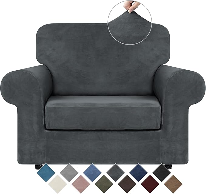 WEERRW Velvet Stretch Chair Sofa Slipcover - 2 Pieces Luxury Soft Velvet Plush Couch Cover Furniture Protector with Elastic Bottom for Pets, Machine Washable, Dark Gray, Small