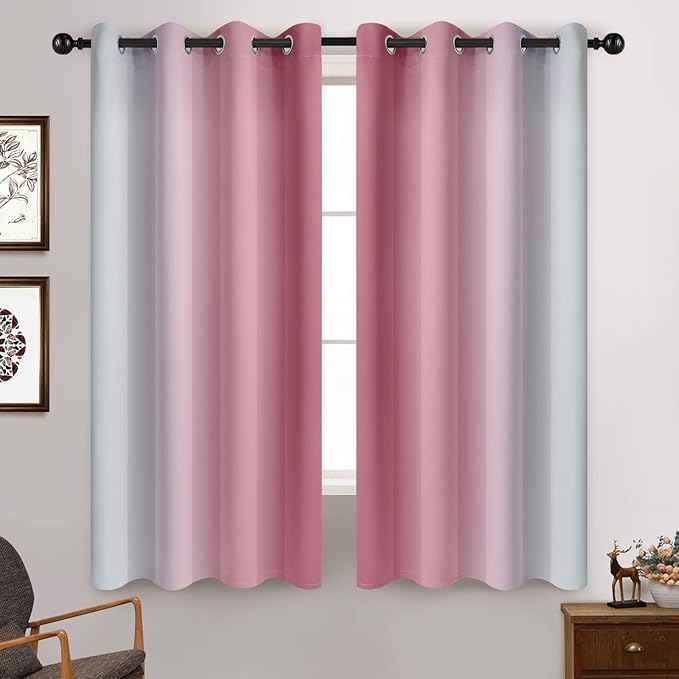 Yakamok 63 Inch Length Ombre Curtains, Thermal Insulated Grommet Window Drapes, Room Darkening Gradient Color Curtains for Girl's Bedroom (Pink and Greyish White, 52x63 Inch, Set of 2)