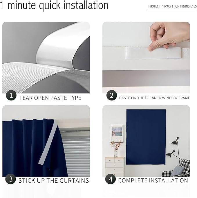 Self Adhesive Portable Blackout Curtains for Bedroom Easy to Install Window Thermal Lnsulated Kitchen Room Darkening Small Window Curtains, 47" W X 96" L, Navy Blue, 1 Panel