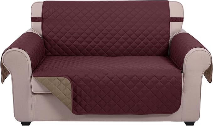 U-NICE HOME Loveseat Sofa Cover Reversible Couch Covers for 2 Cushion Couch for Dogs Furniture Protector Cover with Elastic Straps Water Resistant(Loveseat Small, Burgundy/Tan)