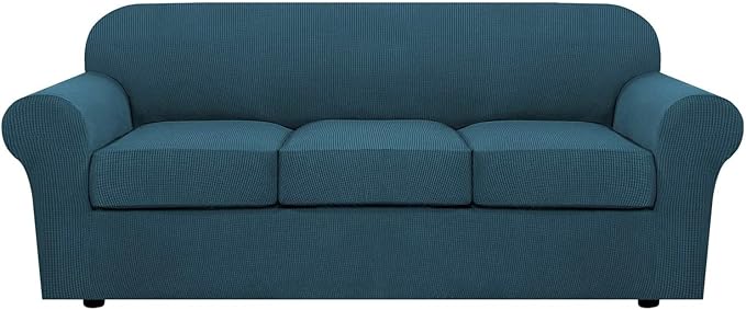 H.VERSAILTEX 4 Piece Stretch Sofa Covers for 3 Cushion Couch Covers for Living Room Furniture Slipcovers (Base Cover Plus 3 Seat Cushion Covers) Upgraded Thicker Jacquard Fabric (Sofa, Deep Teal)