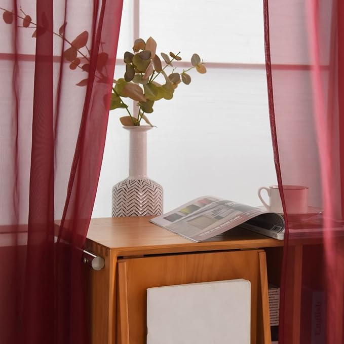 SpaceDresser Basic Rod Pocket Sheer Voile Window Curtain Panels Burgundy 1 Pair 2 Panels 52 Width 84 Inch Long for Kitchen Bedroom Children Living Room Yard(Burgundy,52 W x 84 L)