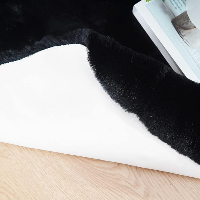 Ghouse Ultra Soft Faux Rabbit Fur Rug, Machine Washable Area Rugs for Bedroom Fluffy Rugs for Living Room, No-Shedding Carpet Sheepskin Runner Rugs Black 2 x 8 Feet