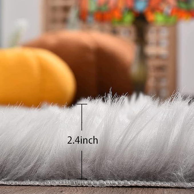 ORINOVA Silver Grey Plush Faux Sheepskin Fur Area Rugs for Bedroom Nursery Washable Shag Rug 4x6 Rectangle Rug