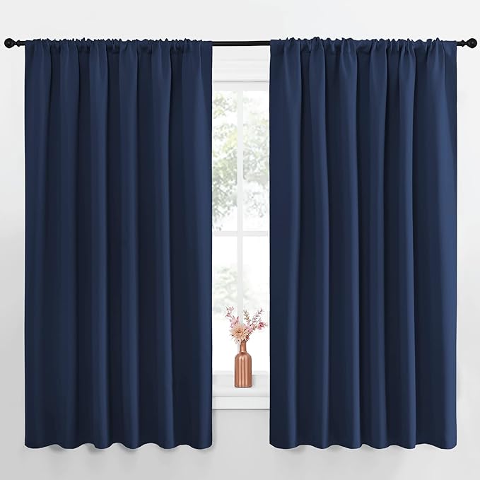 NICETOWN Blackout Curtains for Bedroom, Blackout Draperies, Home Decorations Thermal Insulated Solid Rod Pocket Blackout Drapes for Cafe (Navy, One Pair, 70 x 63-inch)