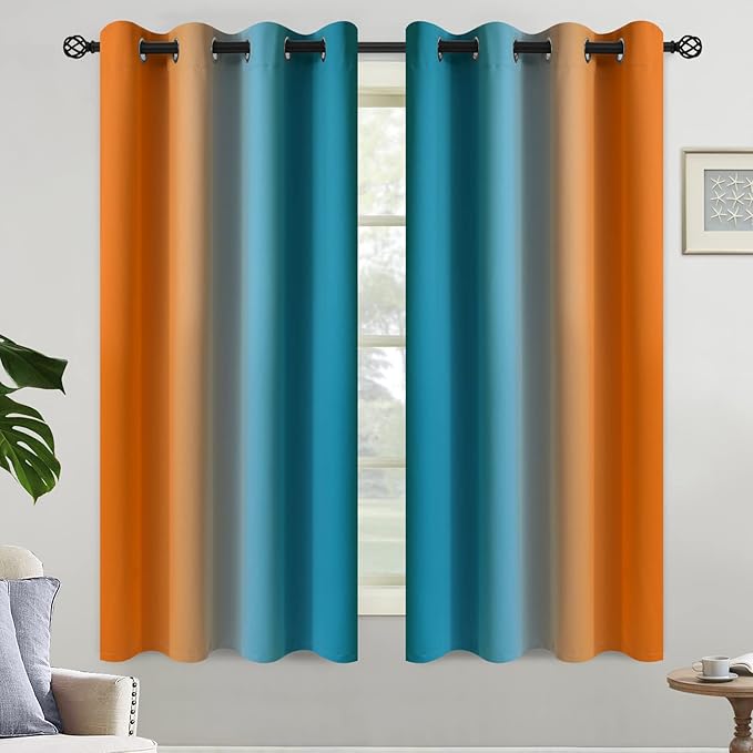 Yakamok Ombre Orange and Blue Curtains for Bedroom, Gradient Room Darkening Curtains, Grommet Thermal Insulated Light Blocking Window Drapes/Curtain for Living Room,52 x 63 Inch,2 Panels