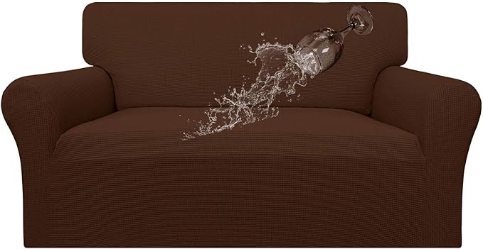 Easy-Going 100% Waterproof Loveseat Couch Cover, Dual Waterproof Sofa Cover, Stretch Jacquard Sofa Slipcover, Leakproof Furniture Protector for Kids, Pets, Dog and Cat (Loveseat, Coffee)