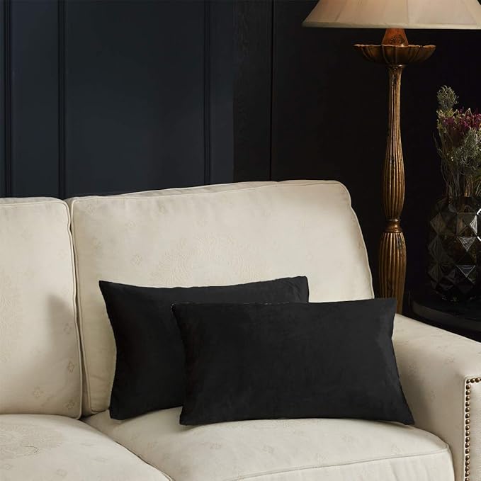 GIGIZAZA Black Velvet Pillow Covers 12x20,Decorative Lumbar Throw Pillows Modern Covers Small Solid Living Room Pillow Cases for Couch Pack of 2