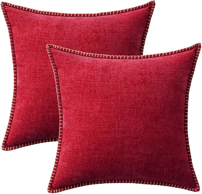 MIULEE Pack of 2 Christmas Pillow Covers 20x20 Inch Red Farmhouse Decorative Throw Pillow Covers with Stitched Edge Soft Chenille Solid Dyed Couch Pillow Covers for Sofa Bed Living Room