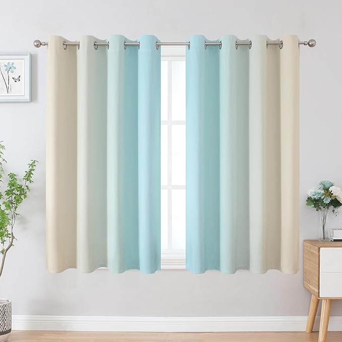 Estelar Textiler Aqua and Beige Blackout Curtains 54 Inch Length, Light Blocking Gradient Grommet Drapes for Living Room, Thermal Insulated Ombre Curtains for Bathroom,52Wx54L,2 Panels