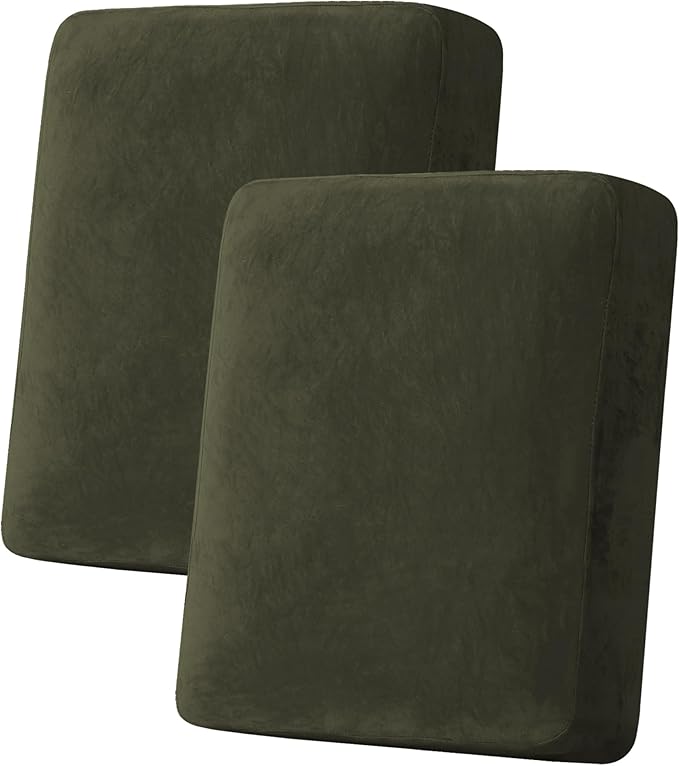H.VERSAILTEX Velvet Stretch Couch Cushion Cover Plush Cushion Slipcover for Chair Loveseat Sofa Cushion Furniture Protector Seat Cushion Sofa Cover (2 Piece Medium Sofa Cushion Covers, Olive)
