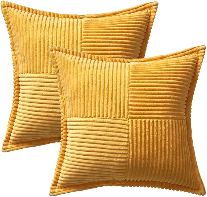 MIULEE Golden Yellow Corduroy Pillow Covers 16x16 Inch with Splicing Set of 2 Soft Boho Striped Pillow Covers Broadside Decorative Textured Summer Pillowcases for Couch Cushion Bed Livingroom