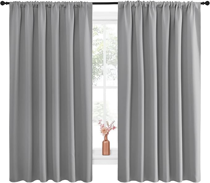 NICETOWN Short Curtains for Small Window - Thermal Insulated Rod Pocket Blackout Drapes/Draperies for Dining Room (2 Panels, W70 x L63 inches, Silver Grey)