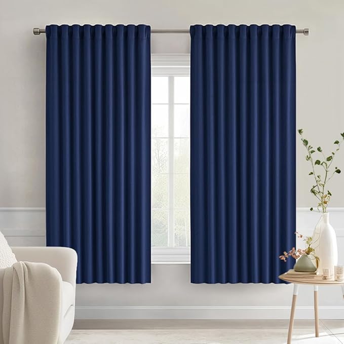 MIULEE Navy Blue Back Tab Blackout Curtains 63 Inch Length 2 Panels Set for Living Room Bedroom Privacy, Rod Pocket/Pinch Pleat Thermal Insulated Room Darkening Pleated Light Blocking Drapes