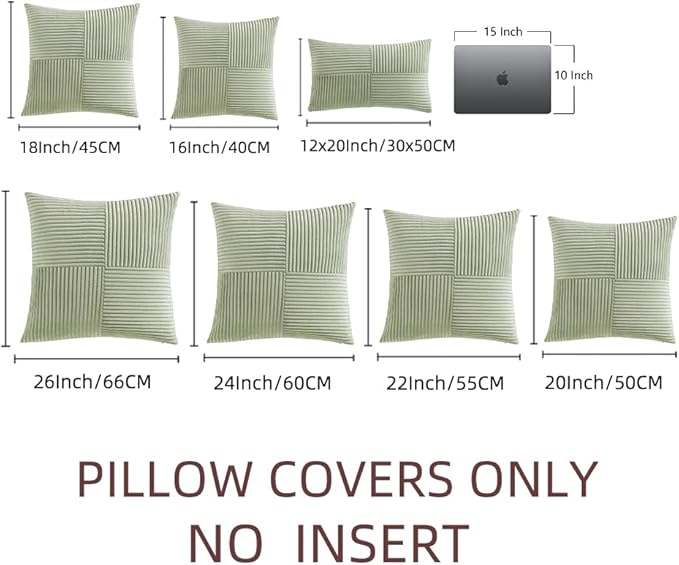 Fancy Homi 2 Packs Sage Green Euro Decorative Throw Pillow Covers 26x26 Inch for Bedroom Couch Bed, Farmhouse Boho Home Decor, Soft Corss Corduroy Patchwork Textured Square Cushion Case 66x66 cm