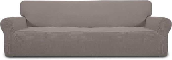 Easy-Going Stretch 4 Seater Sofa Slipcover 1-Piece Sofa Cover Furniture Protector Couch Soft with Elastic Bottom for Kids, Polyester Spandex Jacquard Fabric Small Checks Taupe