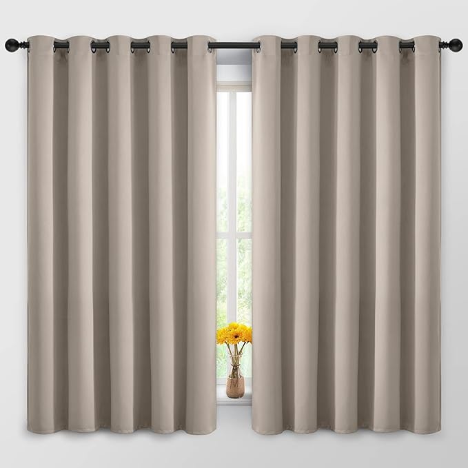 Yakamok Blackout Curtains Room Darkening Thermal Insulated Window Panels,Solid Grommet Top Drapes for Bedroom/Living Room(62Wx63L, Natural, 2 Panels)