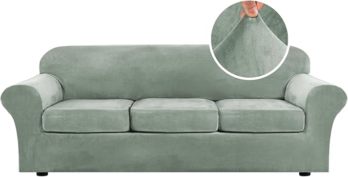 H.VERSAILTEX Velvet 4 Piece High Stretch Sofa Slipcover Cover Furniture Protector Form Fit Luxury Thick Velvet Extra Large Sofa Cover for 3 Cushion Couch Width Up to 105 Inch (XL Sofa, Sea Grass)