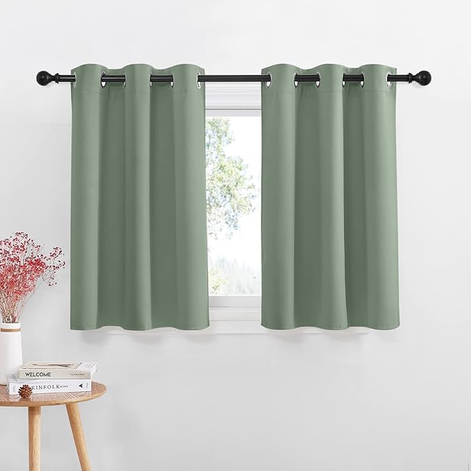 NICETOWN Rustic Kitchen Curtains, Country Grommet Room Darkening Short Curtains for Small Windows, Farmhouse Window Christmas Decor for Cafe, Living Room(2 Panels, 42" W x 36" L, Greyish Green)