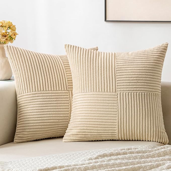 MIULEE Cream Decorative Throw Pillow Covers 18x18 Inch for Couch Bed Sofa Pack of 2 Boho Neutral Farmhouse Throw Pillows Soft Cross Corduroy Patchwork Textured Cushion Cases