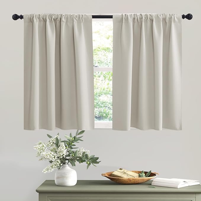 RYB HOME Short Natural Curtains for Small Bedroom Window, Insulating UV Blocking Drapes for Kitchen Cafe Basement Garage, Privacy Tiers for Bathroom Window, Width 42 by Length 36, Set of 2