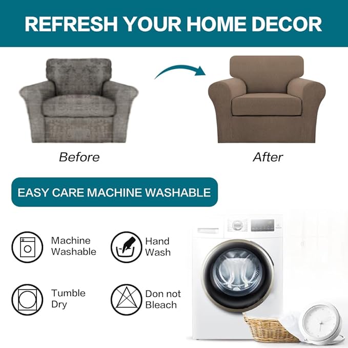 Turquoize 2 Piece Chair Covers Armchair Slipcovers for Living Room Armchair Sofa Cover with Individual Cushion Covers Feature Jacquard Fabric (Chair, Macchiato)