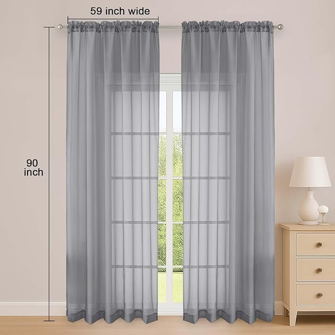 OWENIE Grey Sheer Curtain 90 Inches Long 2 Panels Set, Solid Filmy Drapes for Living Room Bedroom, Elegant Window Voile Sheer Curtain Panels Drapes, 2 Pcs, Each 59" Wx90 L Inch