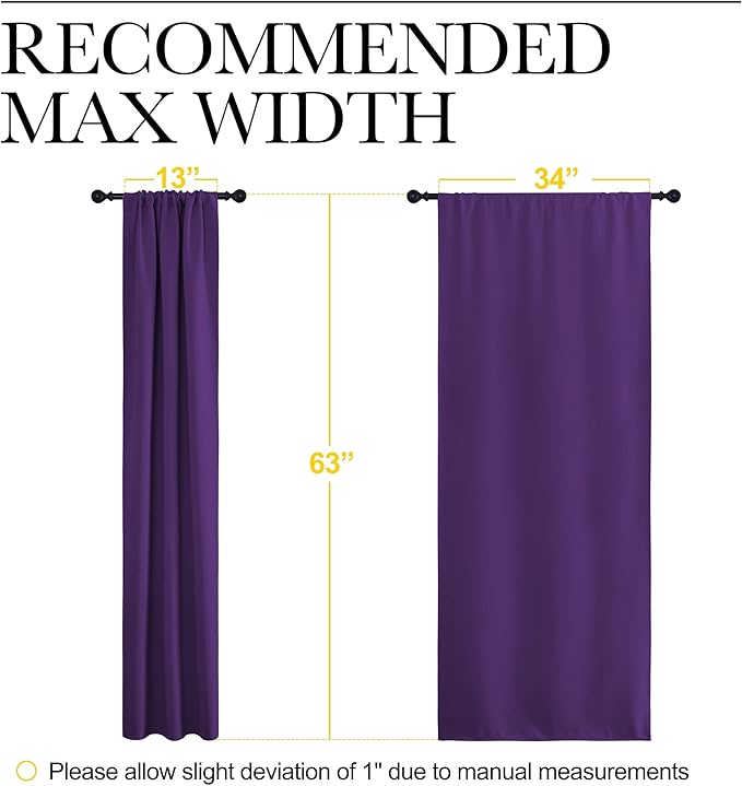 NICETOWN Bedroom Curtain Panels for Kids Room, Triple Weave Home Decoration Thermal Insulated Solid Blackout Curtains & Drapes for Nursery (Set of 2, 34-inch x 63-inch, Royal Purple)
