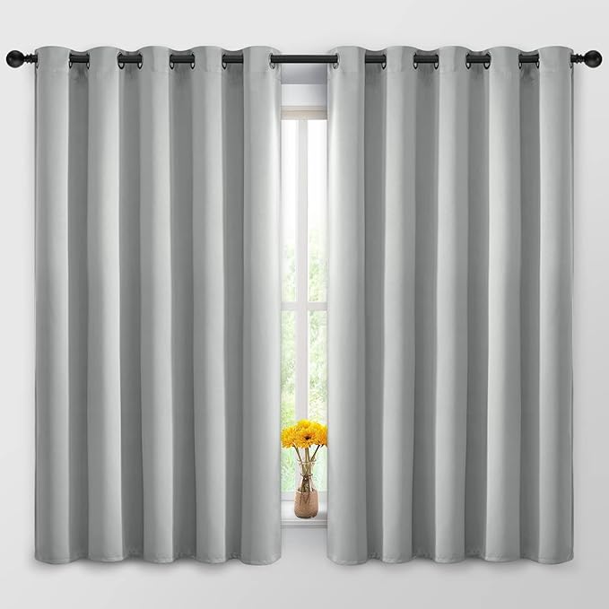 Yakamok Blackout Curtains Room Darkening Thermal Insulated Window Panels,Solid Grommet Top Drapes for Bedroom/Living Room(62Wx63L, Light Grey, 2 Panels)