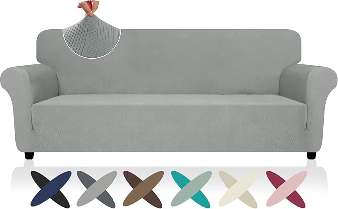 ZNSAYOTX Oversized Super Stretch Couch Cover (92"-115"), New Striped Sofa Covers Comfortable & Durable, Dog Cat Pets Friendly Extra Large Spandex Sofa Slipcovers (Light Grey, XL Sofa)