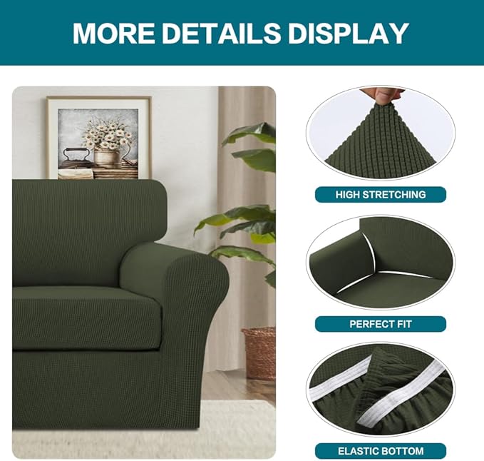 Turquoize 2 Piece Chair Covers Armchair Slipcovers for Living Room Armchair Sofa Cover with Individual Cushion Covers Feature Jacquard Fabric (Chair, Olive)