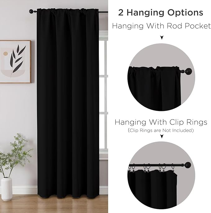 CUCRAF Black Blackout Curtains 45 inch Length 2 Panels Set, Rod Pocket Room Darkening Drapes for Bedroom Living Room, Insulated Thermal Light Blocking Window Curtain (W52 x L45 Inch)