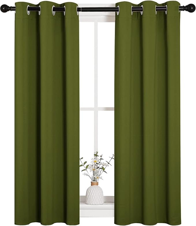NICETOWN Christmas Bedroom Curtain Panels Blackout Draperies, Thermal Insulated Solid Grommet Blackout Drapes for Window Decoration (1 Pair, 29 by 45 inches, Olive Green)
