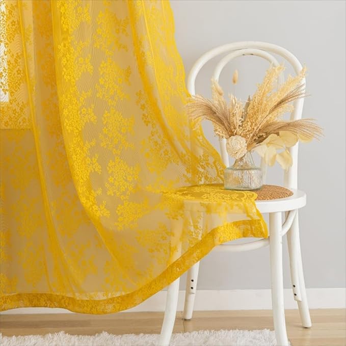 YJ YANJUN Vintage Lace Curtains 108 Inches Long- Retro Floral Mid Century Modern Sheer Curtain Panels Funky Embroidery Pioneer Woman Drapes Fall Decor 2 Panels W52 x L108 Gold