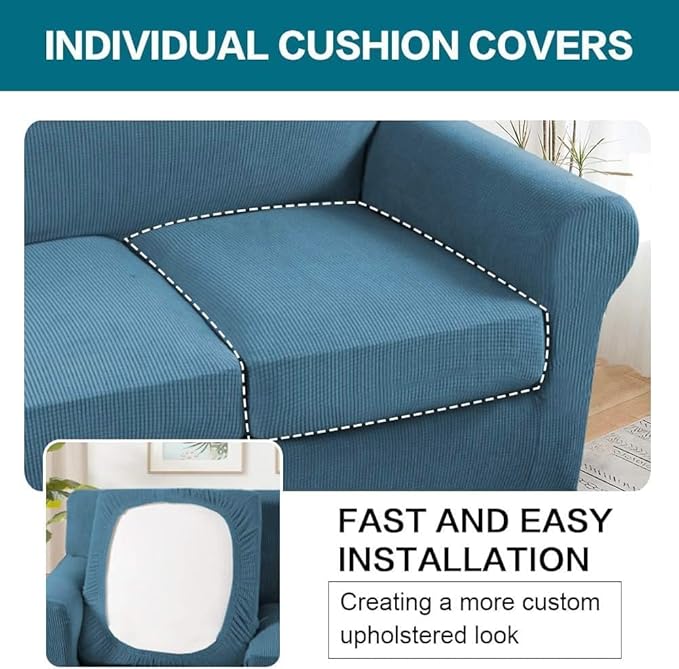 Turquoize 4 Piece Sofa Covers for 3 Cushion Couch Sofa Slipcover Soft Couch Cover for Dogs Washable Furniture Cover with 3 Individual Large Cushion Covers Feature Fabric (Large Sofa, Dusty Blue)