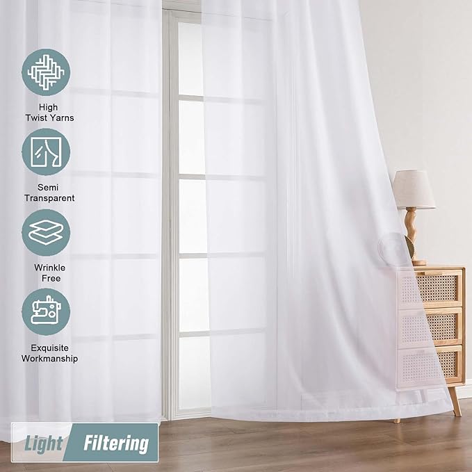 White Sheer Curtains 90 Inches Long 2 Panels, Light Filtering Solid Sheer Curtains for Bedroom Living Room, Lightweight Soft Airy Window Voile Sheer Drapes, Dual Rod Pocket, 2x42Wx90L Inches