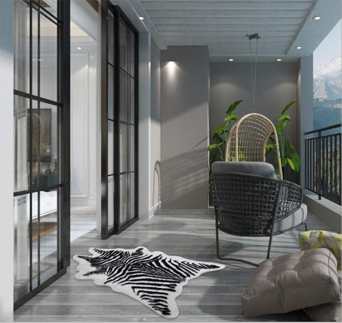 Zebra Print Rug Faux Animal Cowhide Skin Area Rug Leather Carpet Mat Small Size for Home Office Livingroom 3.1' x 3.6'
