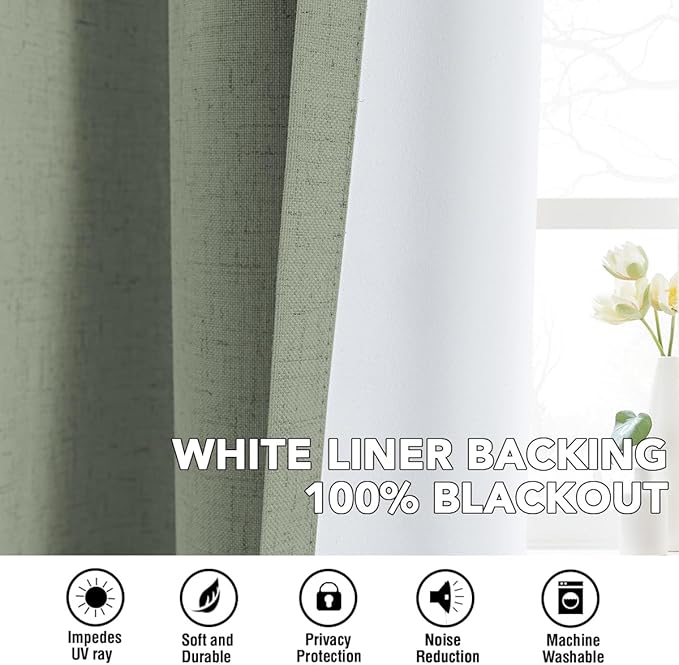 H.VERSAILTEX Linen Curtains 100% Blackout Curtains for Bedroom 63 inch Long Full Light Blocking Nature Linen Blended Window Curtains for Living Room Nickel Grommet (2 Panels, Heathered Dried Sage)