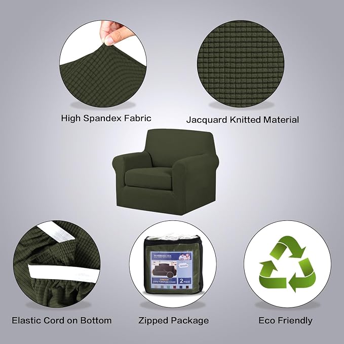 H.VERSAILTEX 2 Piece Couch Cover Stretch Stylish Chair Cover Furniture Cover/Protector Featuring Jacquard Textured Twill Fabric, High Spandex Slipcover Machine Washable (Chair, Olive)