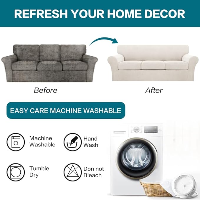 Turquoize 4 Piece Sofa Covers for 3 Cushion Couch Sofa Slipcover Soft Couch Cover for Dogs-Washable Sofa Furniture Covers with 3 Individual Cushion Covers, Jacquard Fabric (3 Cushion Sofa, Ivory)