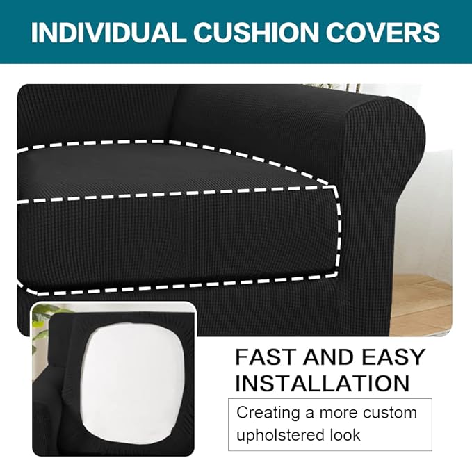 Turquoize 2 Piece Chair Covers Chair Slipcovers for Living Room Armchair Couch Cover Chair Sofa Cover with Individual Cushion Covers Furniture Cover for Chairs Feature Jacquard Fabric (Chair, Black)