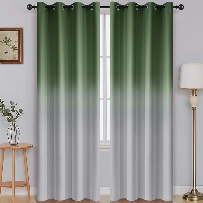 SimpleHome Ombre Room Darkening Curtains for Living Room, Light Blocking Sage Green to Grey White Thick Thermal Insulated Grommet Window Curtains Drapes for Bedroom, 2 Panels, 52x84 inches Length