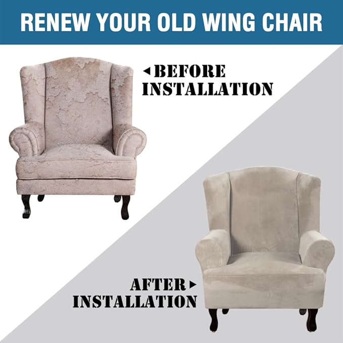 H.VERSAILTEX Wingback Chair Covers Velvet Plush Wing Chair Slipcover 1 Piece High Stretch Wing Back Chair Slipcovers Sofa Cover Furniture Cover with Elastic Bottom, French Oak