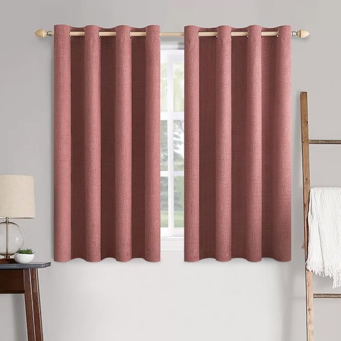 MIULEE 100% Blackout Linen Textured Curtains for Bedroom Solid Thermal Insulated Dusty Rose Grommet Room Darkening Curtains & Drapes Luxury Decor for Living Room Nursery 52 x 45 Inch (2 Panels)