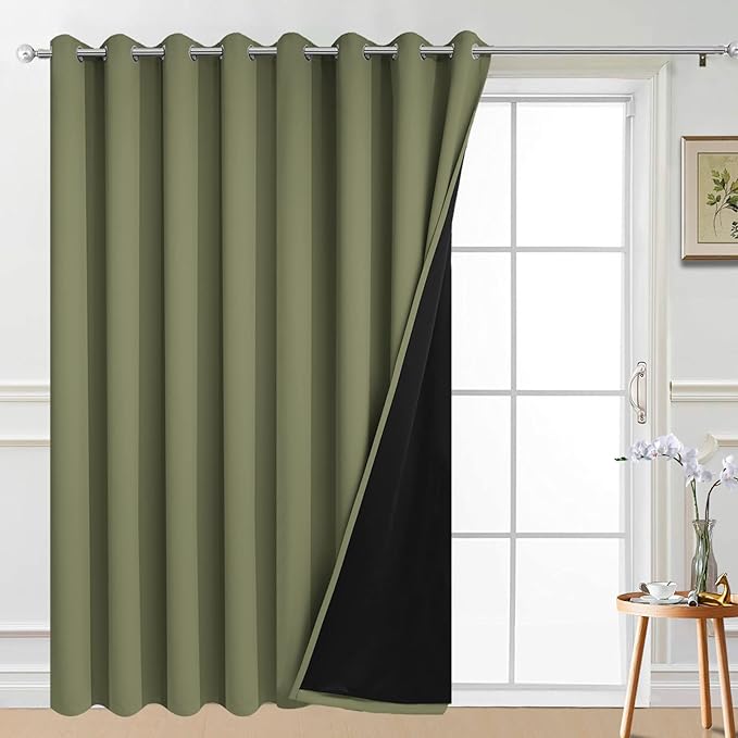 Yakamok 100% Blackout Extra Wide Thermal Insulated Curtains, Total Shade Patio Door Curtain, Full Light Shading Sliding Door Drape Room Divider for Living Room/Bedroom, Sage, W100 x L84, 1 Panel