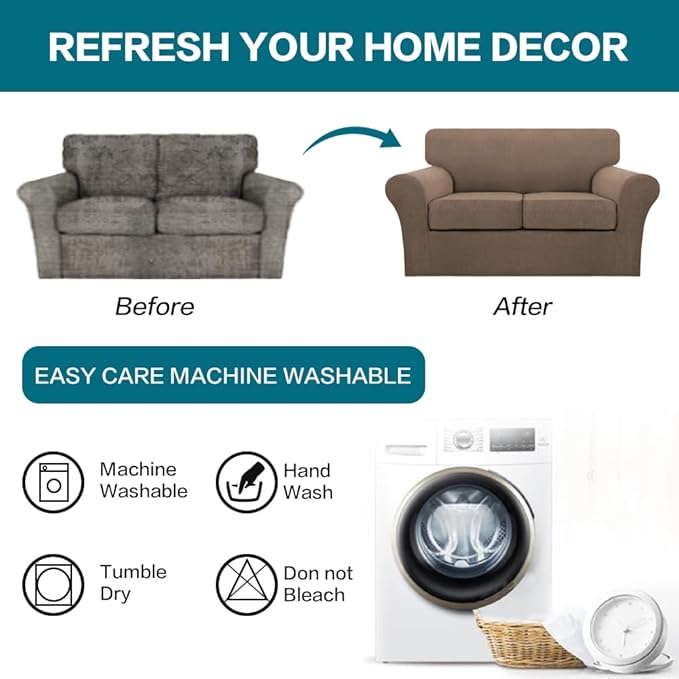 Turquoize 3 Piece Sofa Covers for 2 Cushion Couch Sofa Slipcover Soft Couch Cover for Dogs-Washable Sofa Furniture Cover with 2 Individual Cushion Covers, Feature Fabric (2 Cushion Sofa, Macchiato)