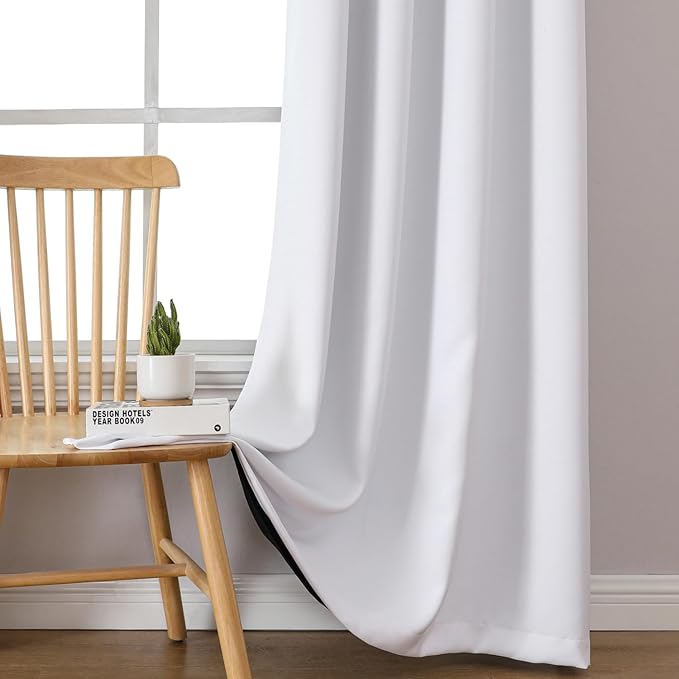 ChrisDowa White 100% Blackout Curtains 120 inch Long for Bedroom with Black Liner, 2 Thick Layers Total Blackout Thermal Insulated Grommet Long Curtains 2 Panels Set (Pure White, 52 x 120 Inch)