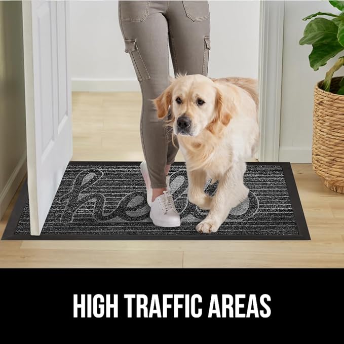 GORILLA GRIP 100% Waterproof All-Season WeatherMAX Doormat, US Designed Natural Rubber, Stain and Fade Resistant, Low Profile Indoor Outdoor Door Mats, Easy Clean Patio Mat, 29x17, Charcoal Hello
