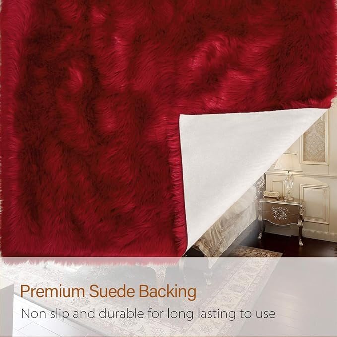 LOCHAS Soft Fluffy Faux Fur Rugs for Bedroom Bedside Rug 3x5 Feet, Washable, Furry Sheepskin Area Rug for Living Room Girls Room, Luxury Shag Carpet Home Decor, Red